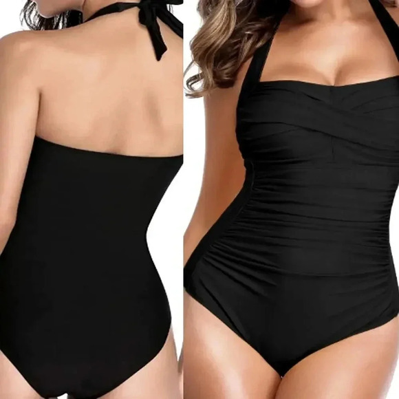 Smismivo New One Piece Swimsuit Size XXXL Black Halter Tummy Control Ruched - Picture 2 of 16